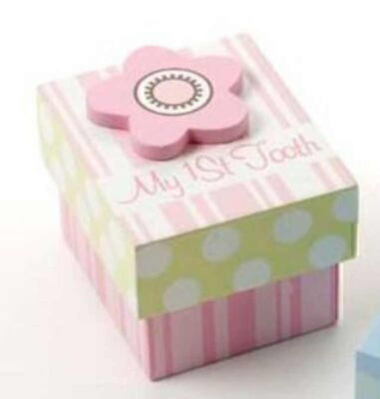 My first tooth box for girls by Heaven Sends. Pink wooden box with flower on top. Size 8x7x7cm